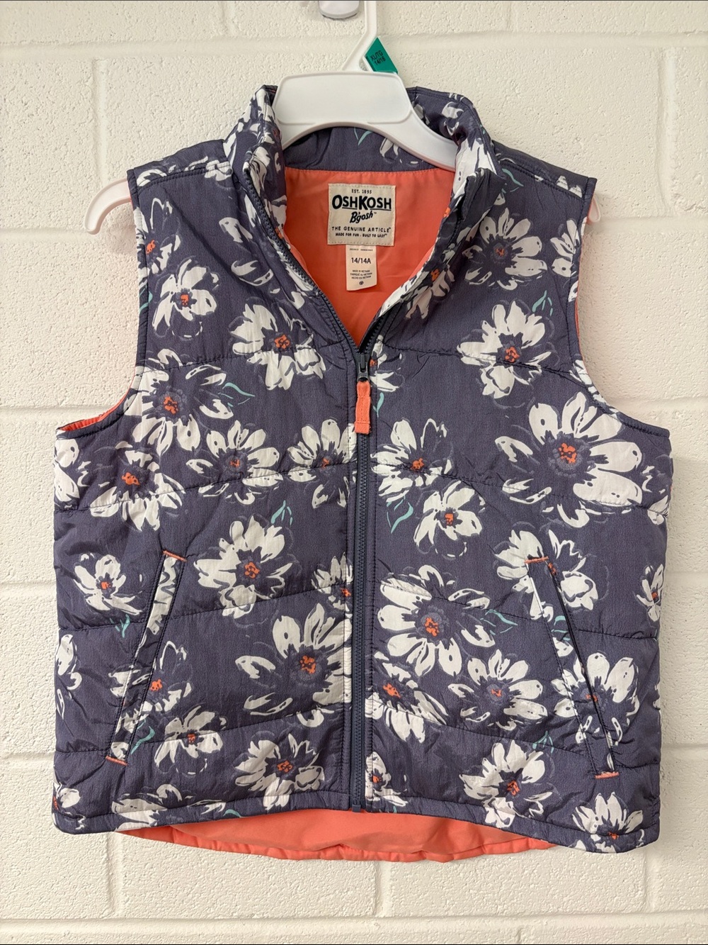 OshKosh B'gosh Navy Floral Quilted Vest with Coral Lining
